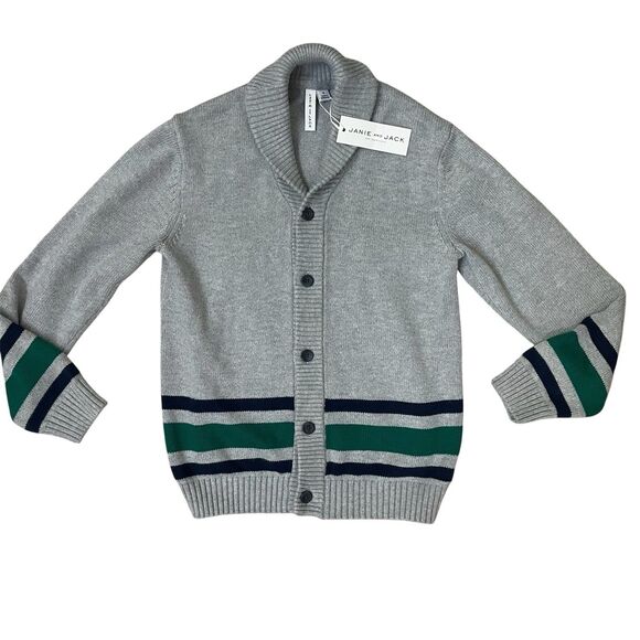 Janie And Jack Boys 10 Cardigan Sweater Gray/Navy/Green Stripe
